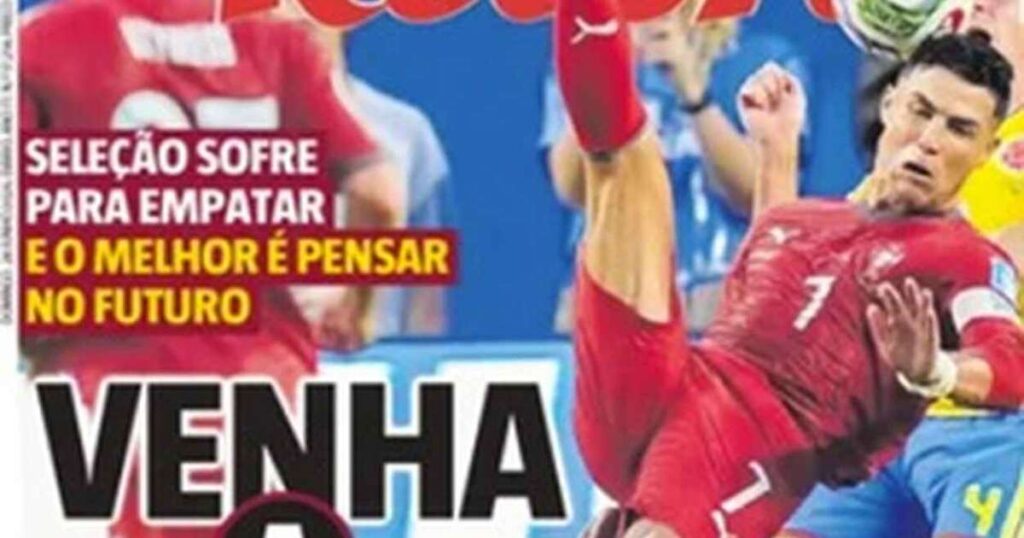 Capa do jornal &lsquo;Record&rsquo; de Portugal criticando o desempenho da sele&ccedil;&atilde;o diante da Col&ocirc;mbia &ndash; Reprodu&ccedil;&atilde;o