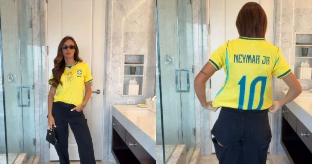 Bruna Biancardi escolheu camiseta com dedicat&oacute;ria do amado para o jogo contra o Jap&atilde;o