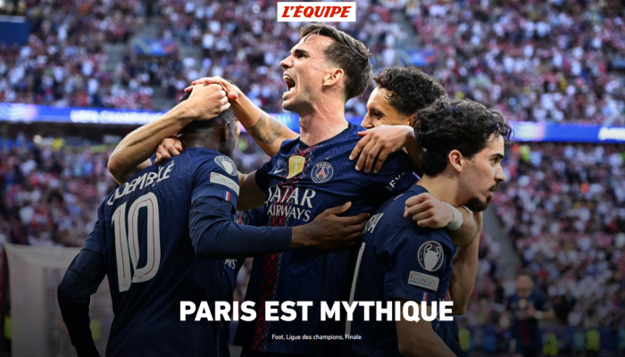 L'&Eacute;quipe, da Fran&ccedil;a, exalta bicampeonato consecutivo do PSG na Liga dos Campe&otilde;es Foto: Reprodu&ccedil;&atilde;o