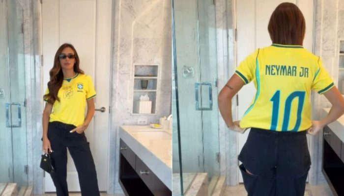 Bruna Biancardi escolheu camiseta com dedicat&oacute;ria do amado para o jogo contra o Jap&atilde;o